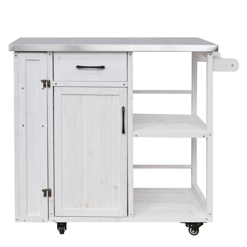 Îlot de cuisine mobile 40,5 "avec plateau en acier inoxydable, armoire à épices cachée et structure en bois massif, Blanc