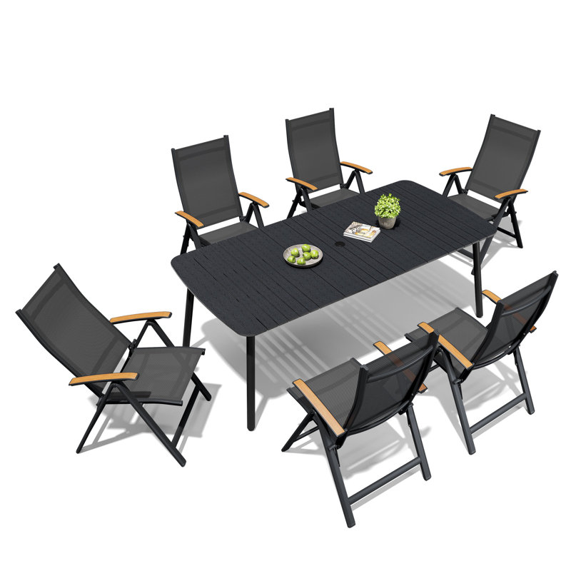 6 - Person 81.5'' L X 38'' W Rectangular Patio Dining Set with Umbrella Hole, Aluminum Frame and Folded Reclining Armchairs
