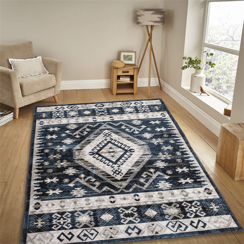 Area Rug Vintage Bohemia Large Persian Non-Slip Washable Rug For Living Room Kitchen Bedroom Living Room Geometry Blue/Black