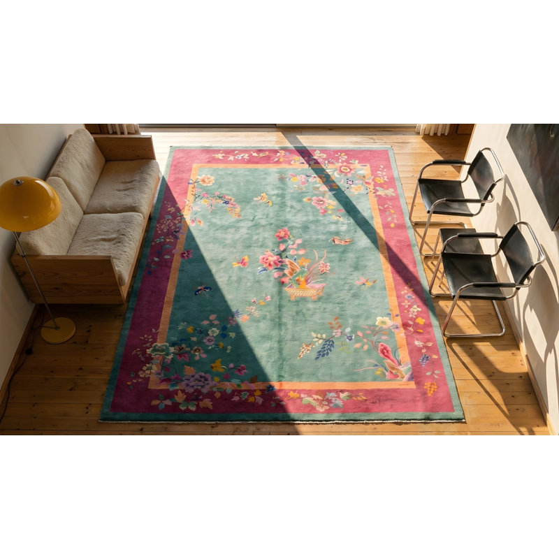 Floral Seafoam Green Color Antique Chinese Art Deco Rug