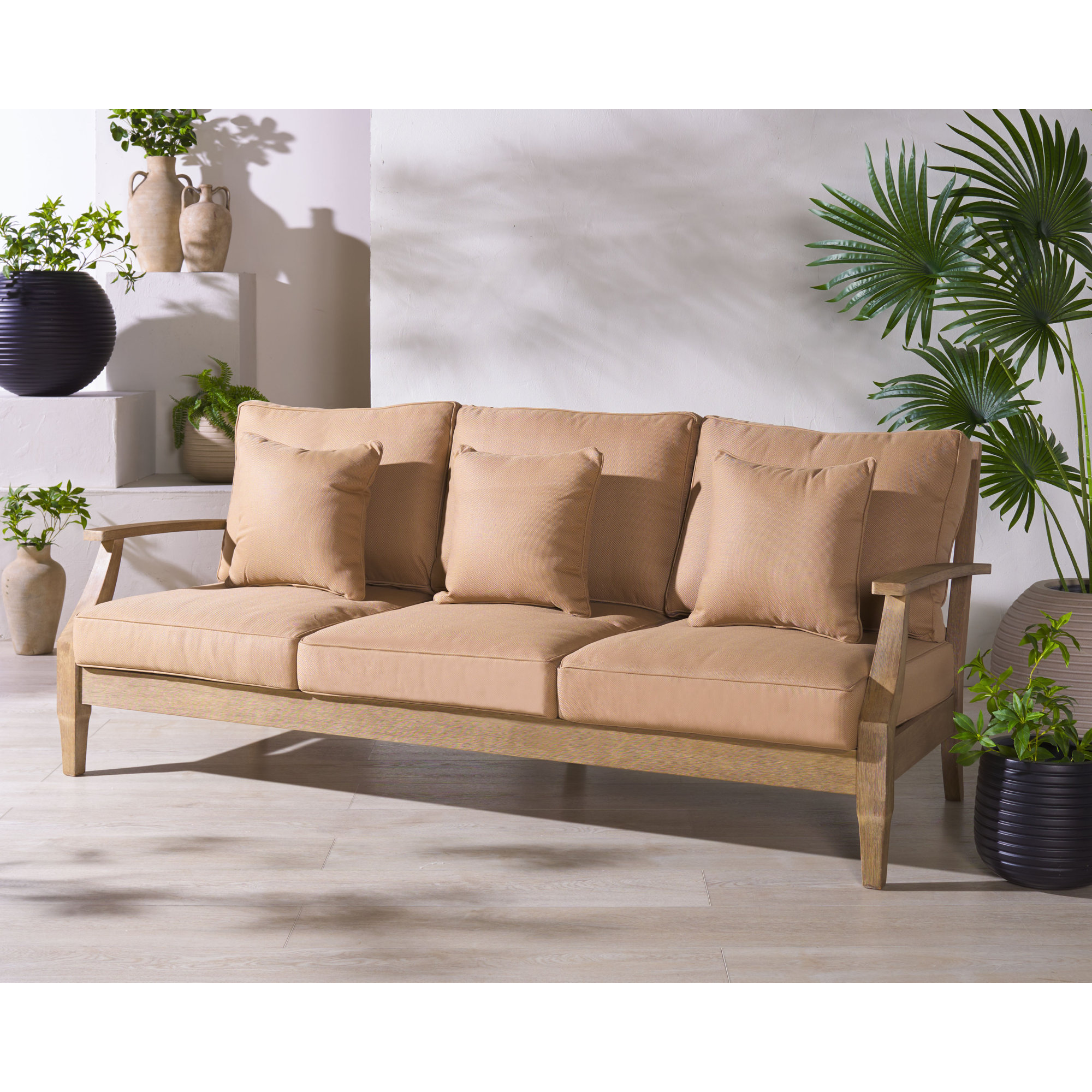 Samya 83'' Wide Outdoor Patio Sofa with Cushions, Natural/Brown