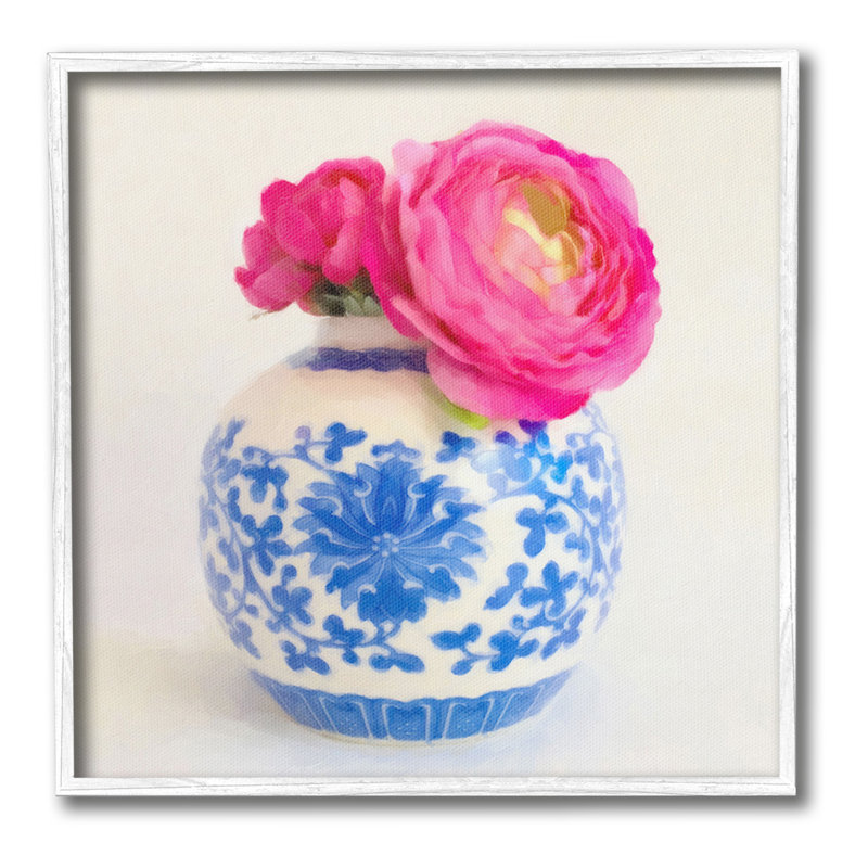 Fleurs roses et vases ornés, estampe numérique par GraffiTee Studios, H 24 po x l 24 po, Giclée encadrée blanc bord de mer