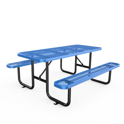 Blue 72" Expanded Metal Picnic Table - Heavy Duty Steel Structure, Umbrella Hole, Weather- Finish, Bench Supports 880lbs, 1100lbs, Versatile For Outdoor Spaces Like Patio, , Garden, Easy Assembly In