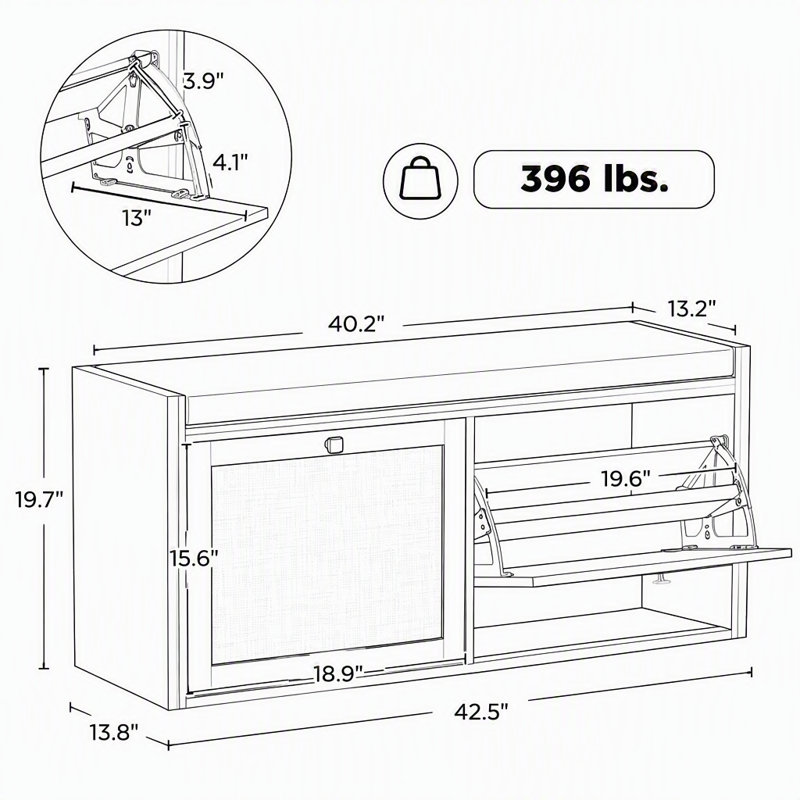 Banc de rangement pour chaussures de 42,5 pouces avec siège rembourré et portes en rotin