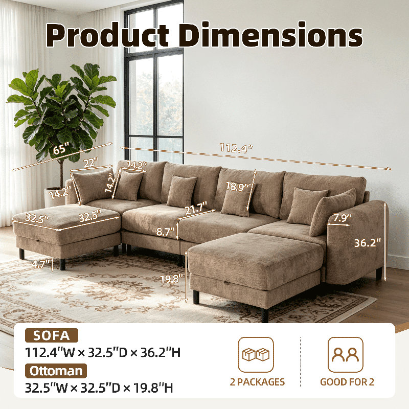 Modulaire rembourré, Chenille brun, H 36,2 po x l 144 po x P 65 po