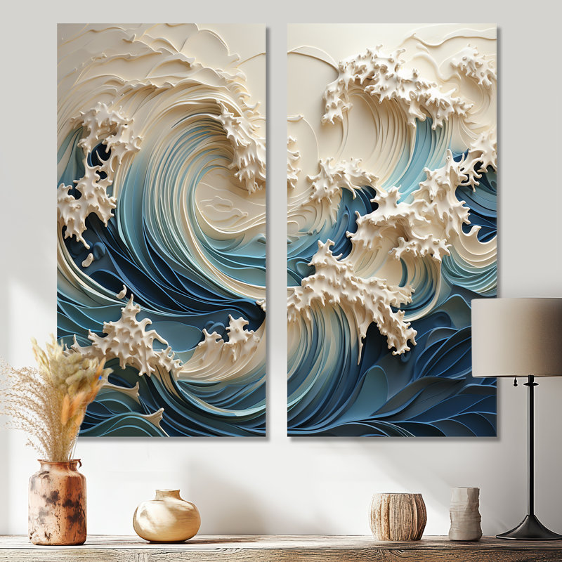 «White and Blue Wave Papercut Style III - Coastal Waves», ensemble de 2 impressions murales côtières, H 32 po x l 32 po