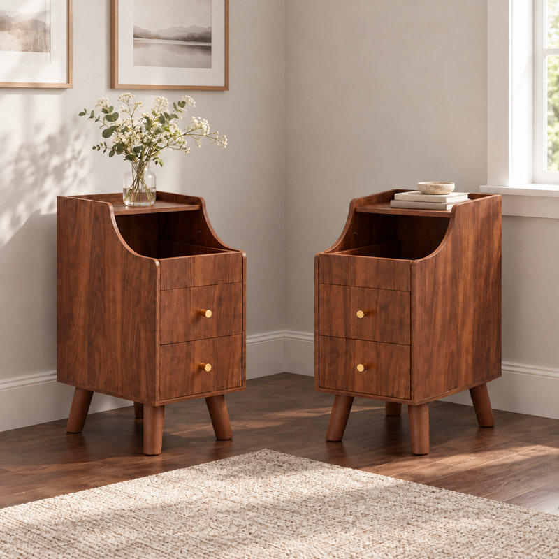 Table de chevet 2 pièces avec 2 tiroirs, tables de bout avec plateau coulissant et tablette ouverte, tables d'appoint étroites pour chambre à coucher et salon