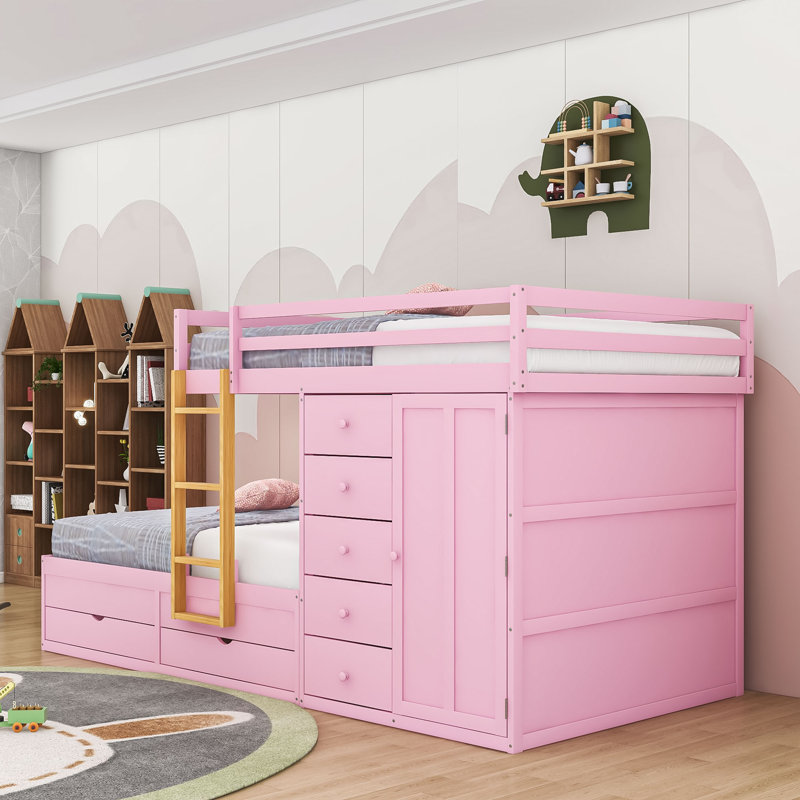 7 Drawers Full Over Full Bunk Bed With Wardrobe, Safety Guardrails And Ladder, Sakura Pink