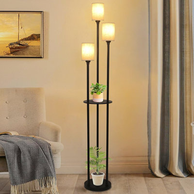 66.3"H Modern Floor Lamps, 3-Lights Standing Lamp With Shelves And Linen Shade, Metal Tall Pole Lamp With Foot Switch For Living Room, Bedroom, Dresser, Black (Bulbs NOT Included)
