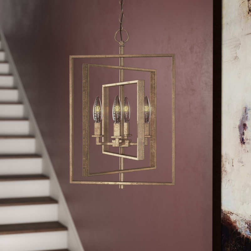 Luminaire suspendu carré / rectangulaire à 4 lumières Hessle, H 18,25 po x l 14 po x P 14 po, Or antique