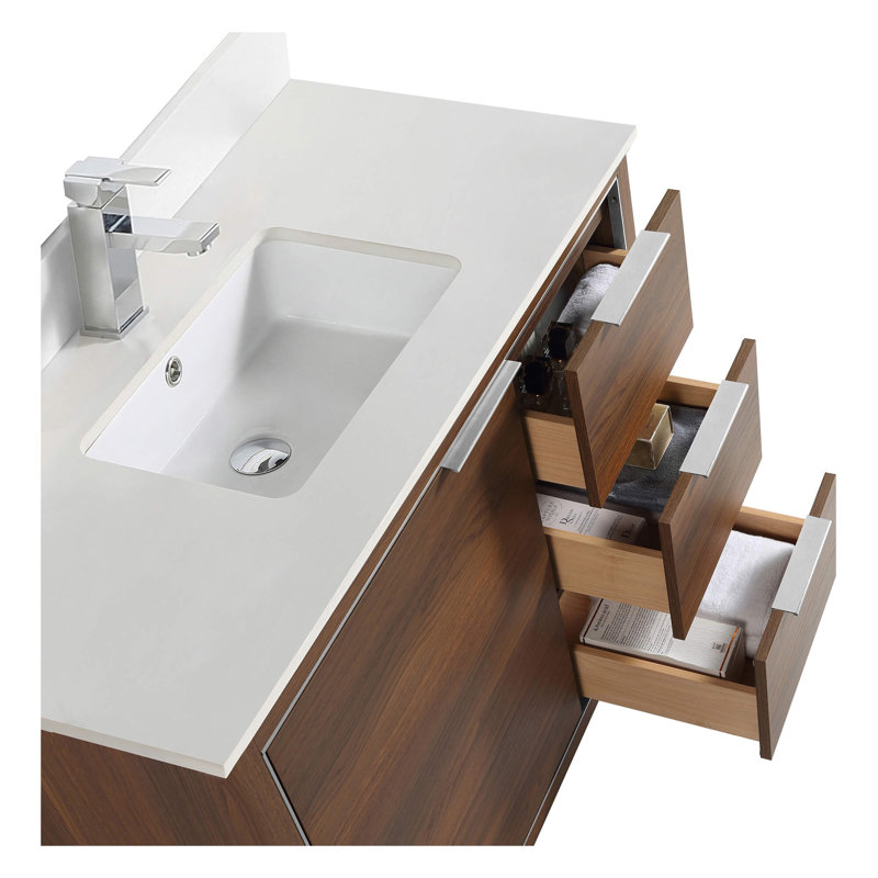Geselle 36'' Single Bathroom Vanity with Stone Top, Chrome, Walnut Ebony