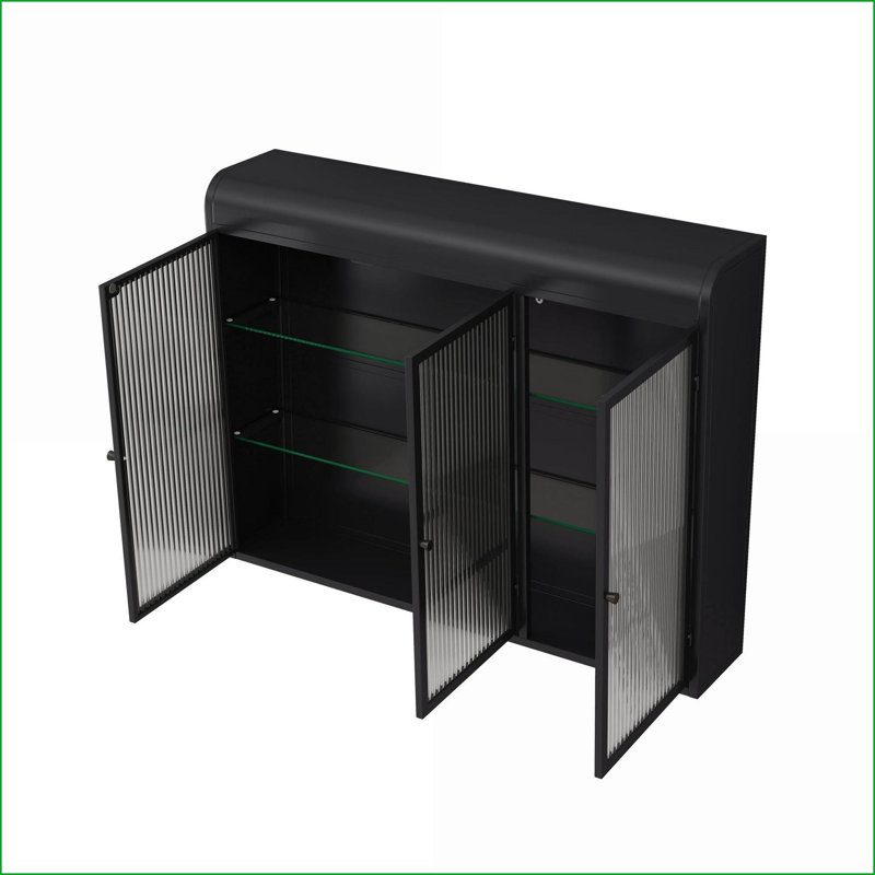 Wall Mounted Glass Cabinet | 3 Door Arched | Black | Kitchen/Living Room/Bathroom | Glass+Metal, Black