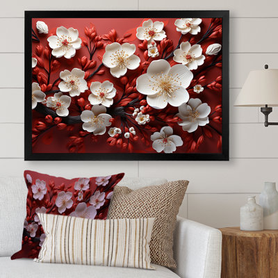 Branches de fleurs d'orchidées blanches et rouges I - Art abstrait floral encadré