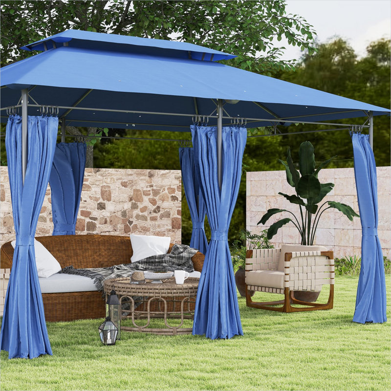 Pavillon de jardin 10 pi x 13 pi en métal et polyester avec rideaux en bleu classique pour les réceptions à l'extérieur