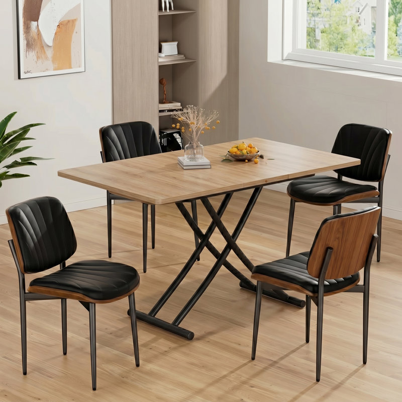 43.3" Convertible Coffee-to-Dining Table with Folding Top and Adjustable X-Lift Base, Natural Wood, Black