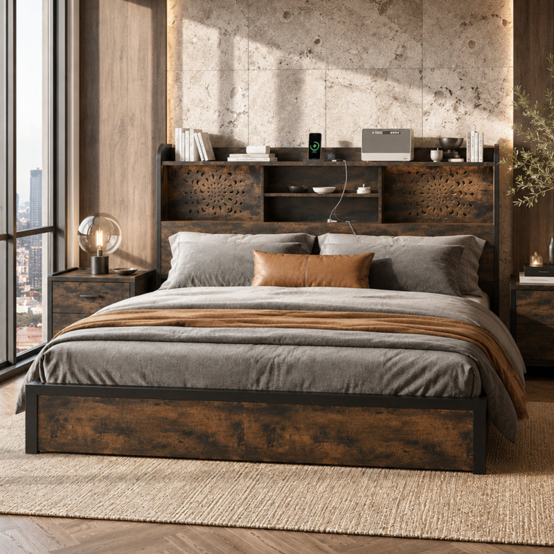 Vintage Carved Bed With 6 Drawers, Modern Bed With Charging Station & Led Lights, Queen, Brown