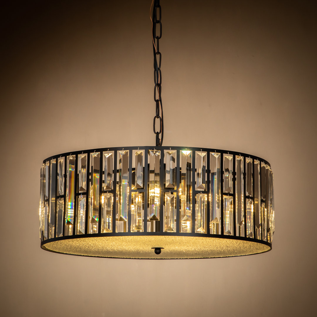6-Light Black Modern Farmhouse Lantern Drum Chandeliers With Crystal Accents Mercer41