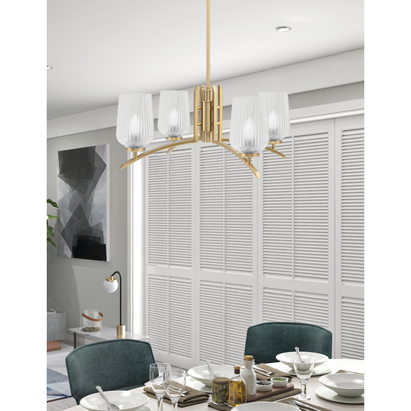 Lustre lumineux avec verre texturé transparent 5 po, H 58,25 po x l 26,75 po x P 26,75 po, Laiton New Age, 4