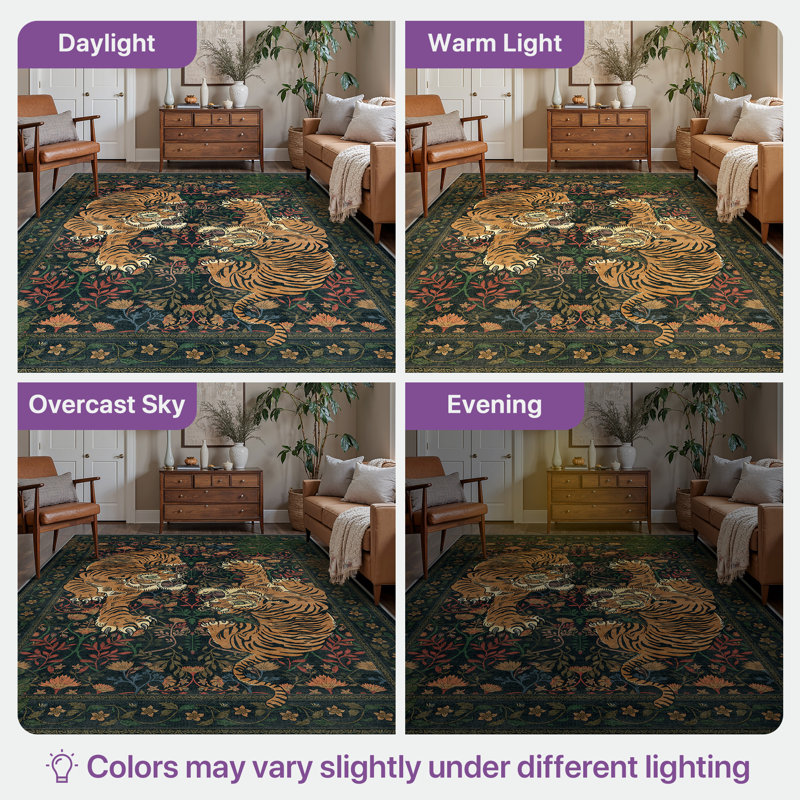 Teiarra Tiger Print Machine Washable Area Rug With Non-Slip Backing, Rectangle 8' x 10', Dark Green