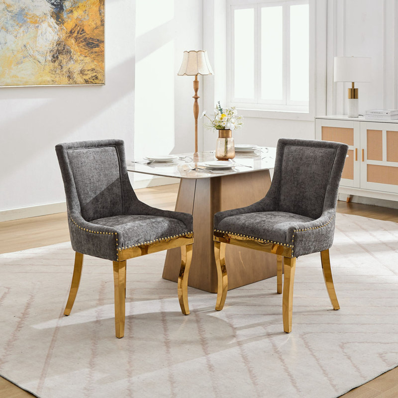 Chenille Dining Chairs Set of 2  with Curved Legs and Rivet Trim, Gray