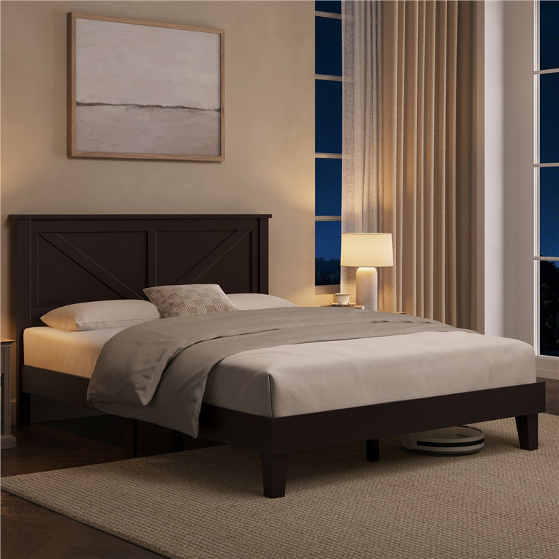 Farmhouse Wood Bed Platform with Headboard, Queen, Espresso