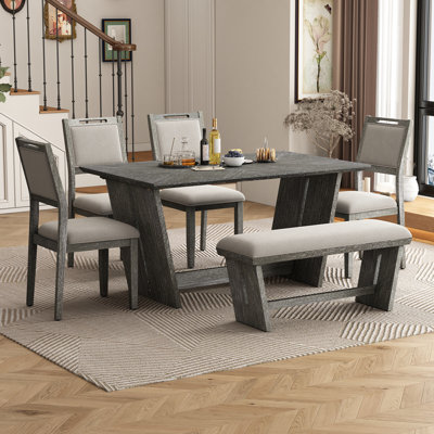 6-Piece Retro Dining Set, 1 Rectangular Table with 4 Upholstered Chairs and 1 Bench