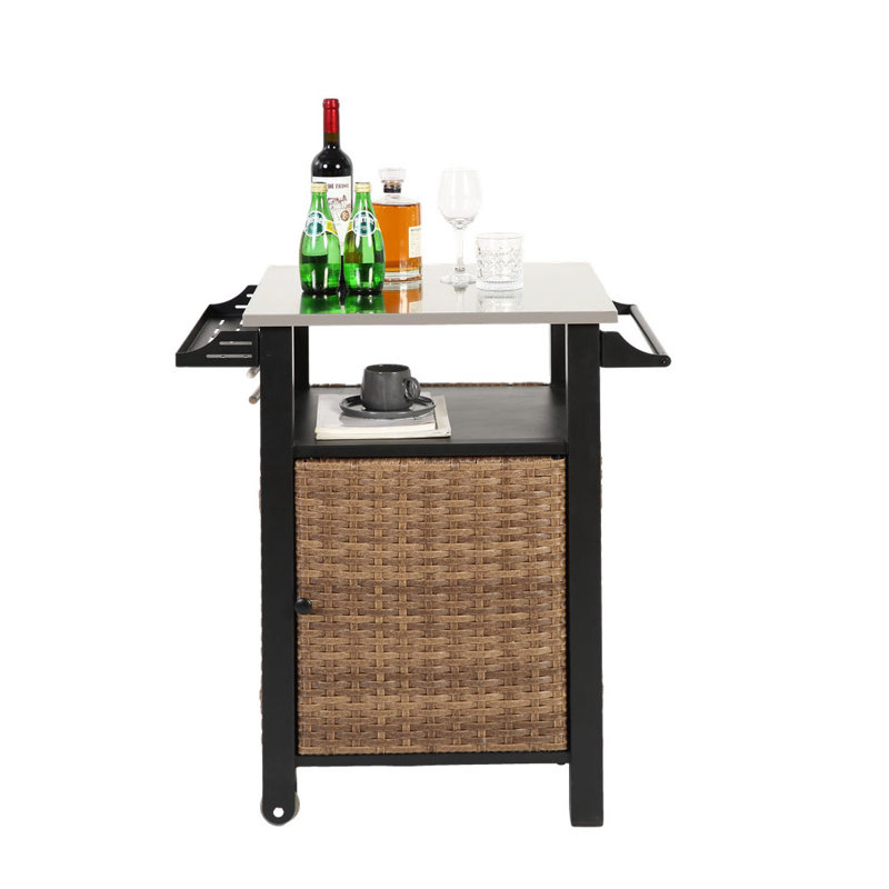 Single Door Rolling Wicker Bar Cart With Stainless Steel Top And Storage