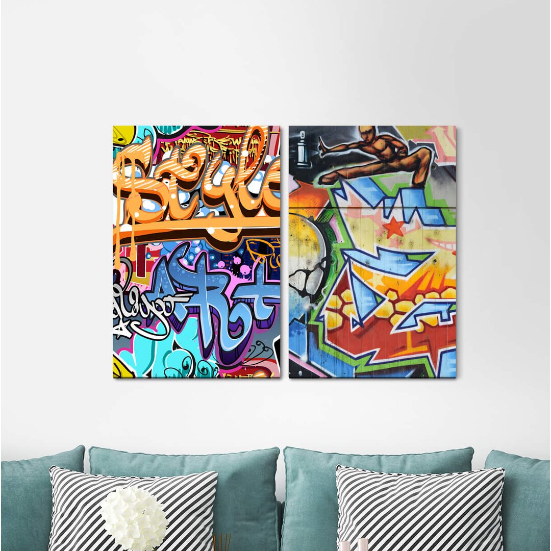 2-tlg. Leinwandbilder-Set - Grafikdruck "StreetWall Graffiti Chaotisch Bunt Grungy Cool"