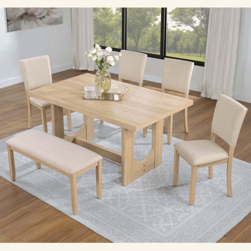 6 Piece Dining Table Set, Wooden Rectangular Kitchen Table With Bench And 4 Upholstered Chairs