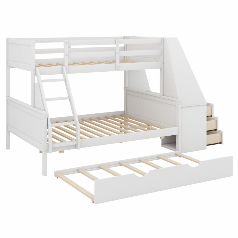 Lit superposé avec lit gigogne et bureau intégré, trois tiroirs de rangement et une tablette, Blanc