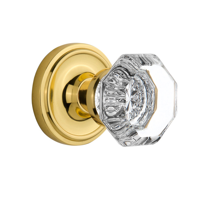 Clear Crystal Waldorf Interior Mortise Door Knob with Classic Rosette, Unlacquered Brass