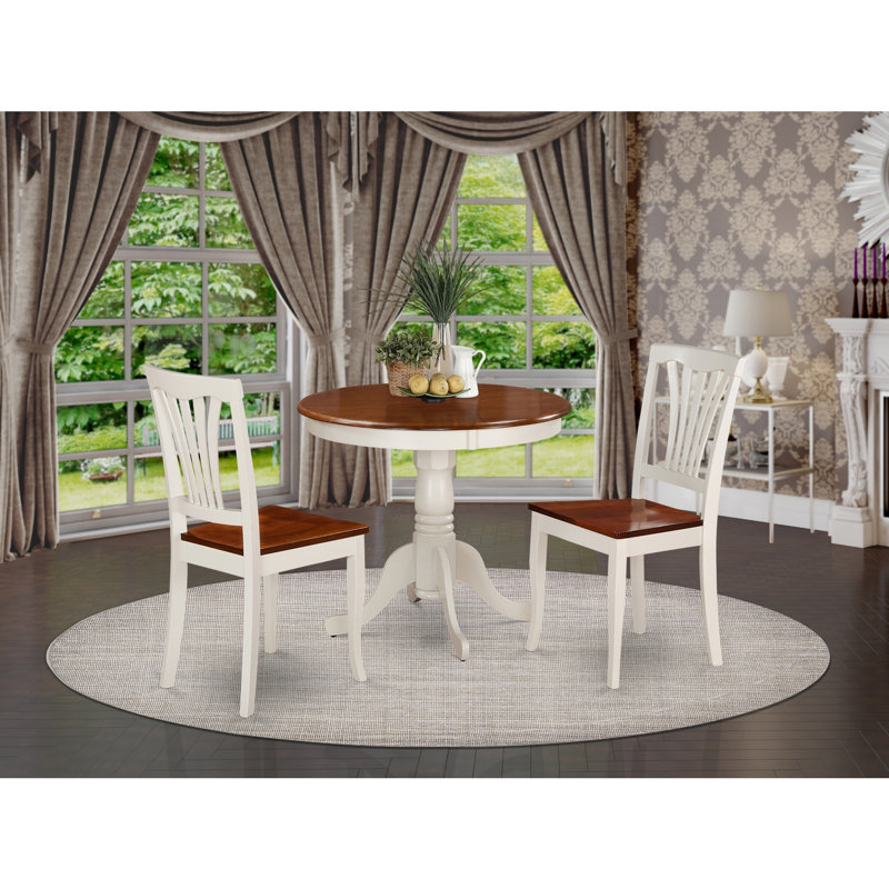 3 Piece Dining Room Table Set Contains a Round Wooden Table with Pedestal and 2 Linen Fabric Kitchen Dining Chairs, 36x36 Inch, Oak