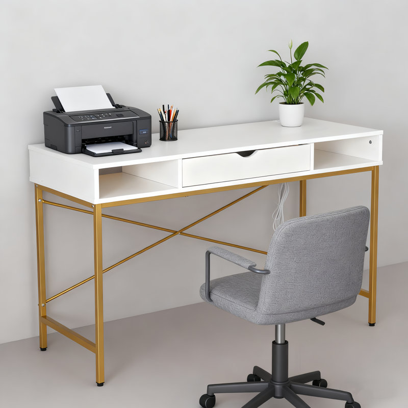 Desk with Built-in Outlets - Modern Office Desk with USB Charging Ports, White/Gold
