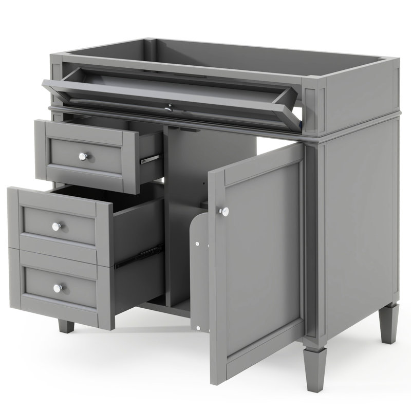 Armoire de rangement 36 po pour salle de bain de style moderne avec 2 tiroirs et un tiroir basculant. Cadre en bois massif. Solide. Gris. Tablette réglable H 33 po x l 18 po, espace fonctionnel. Poignée texturée. Facile à
