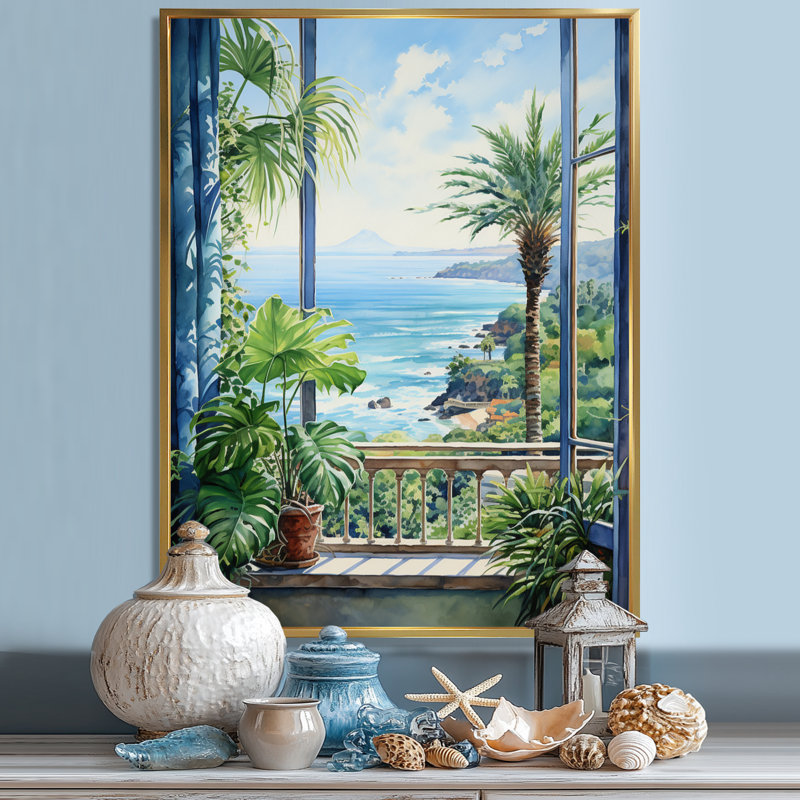 «Tropical Windows To The Beach II - Coastal Windows», art mural, Cadre flottant doré, H 32 po x l 24 po x P 1 po