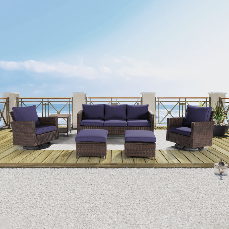 Ensemble de conversation avec fauteuil berçant et pivotant pour 5 personnes Charlenne, Brun, Bleu marine