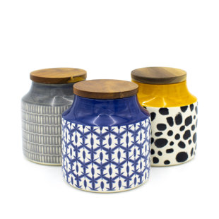 Ceramic Blue White Canisters Set 4 Unique Hand Stamped Storage Jar