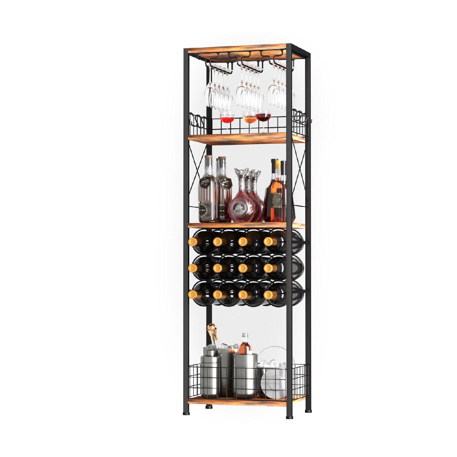 17 Stories Industrial Metal \u0026 Wood Wine Rack For Kitchen, Bar, Or Cellar,  With Glass Holder \u0026 Display Shelf | Wayfair, image size:1500x1500