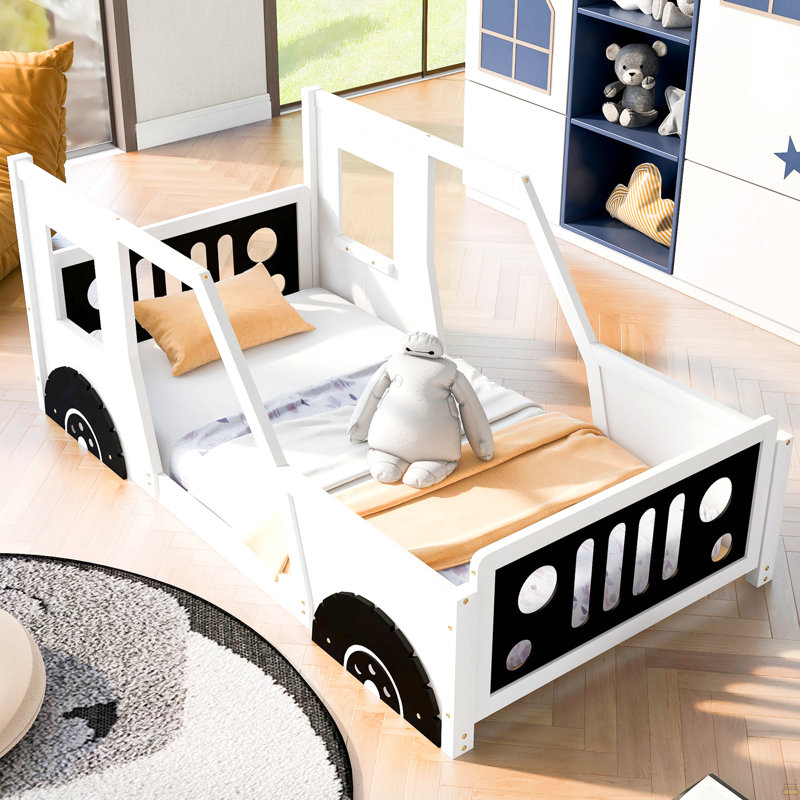 Lit plateforme simple en forme de voiture avec roues