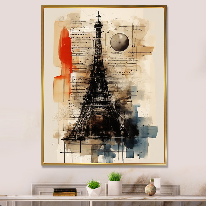 «Paris Eiffel Tower Retro Illustration I», reproduction sur toile, H 32 po x l 24 po, Cadre photo noir