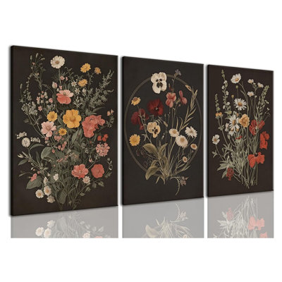 3 pièces, art mural, fleurs sauvages, décoration murale, images botaniques, peintures florales, art encadré, impressions rétro, œuvres d'art foncées