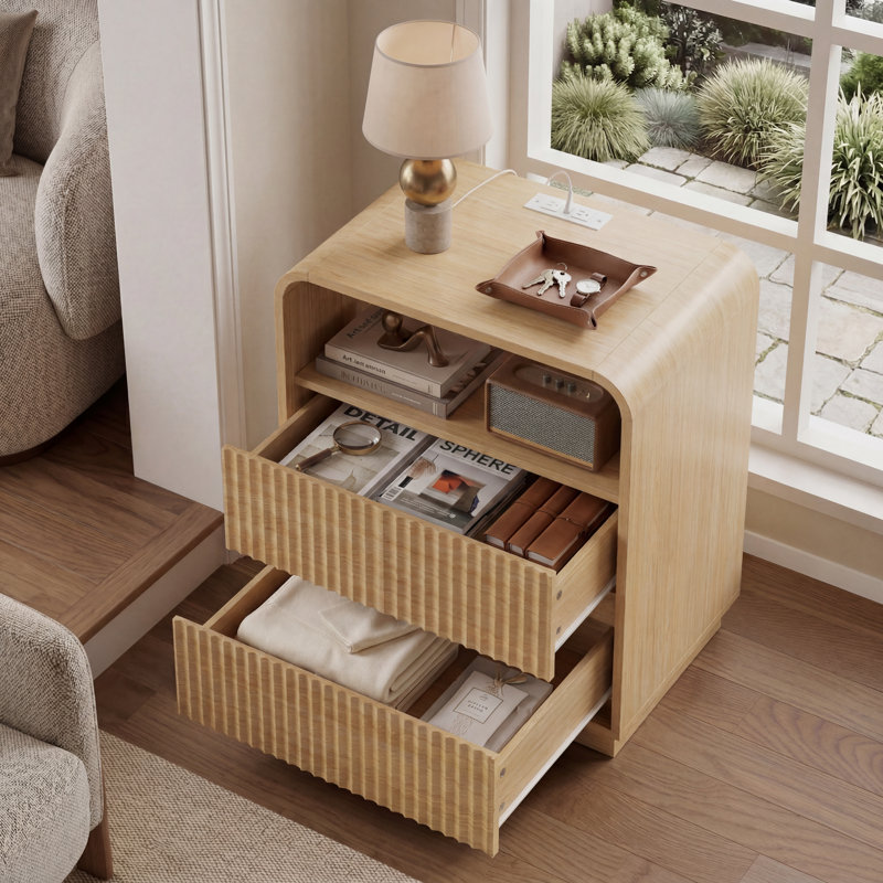 Table de chevet 3 tiroirs l 21,6 po avec station de charge, armoire de chevet cannelée de ferme pour chambre à coucher, profil profilé incurvé
