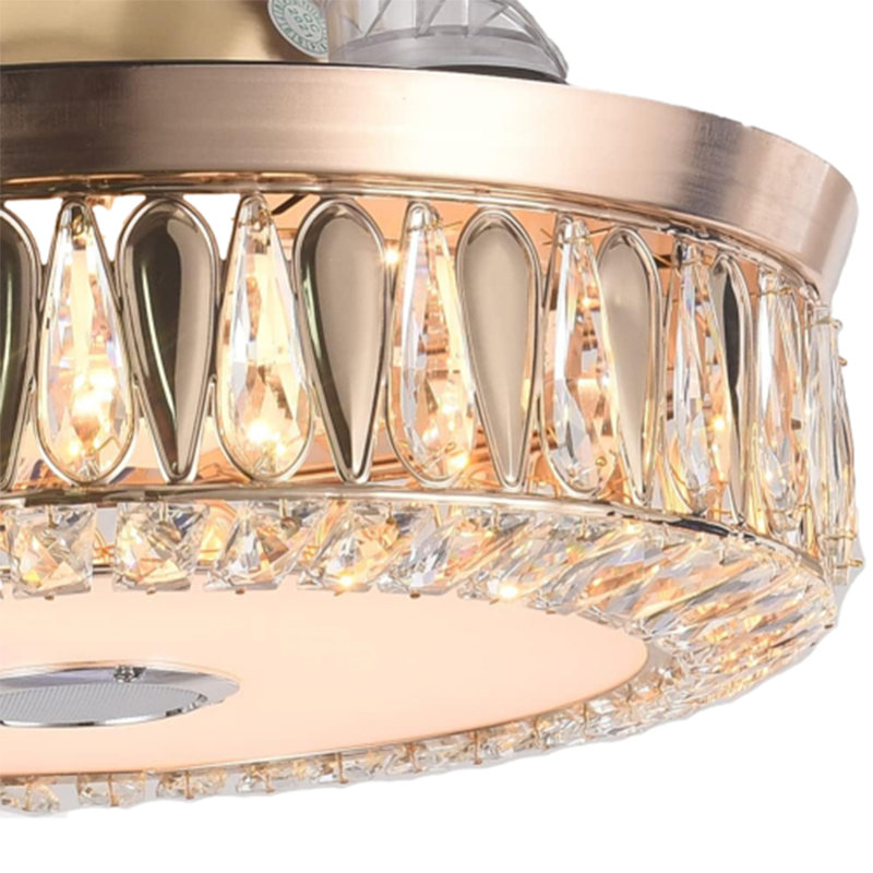 43" Retractable Blades Crystal Ceiling Fan with LED Light & Bluetooth, 3-Speed Dimmable Modern Gold Ceiling Fan Light for Living Room, Bedroom, Dining Room