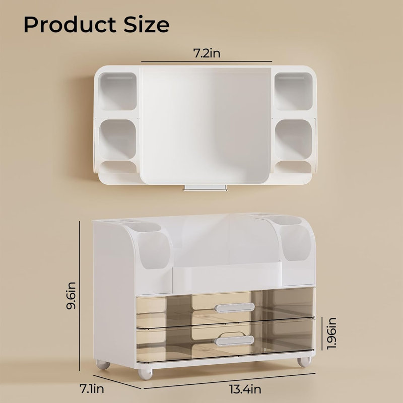 Organisateur de maquillage pour coiffeuse avec 2 grands tiroirs, vitrine à maquillage