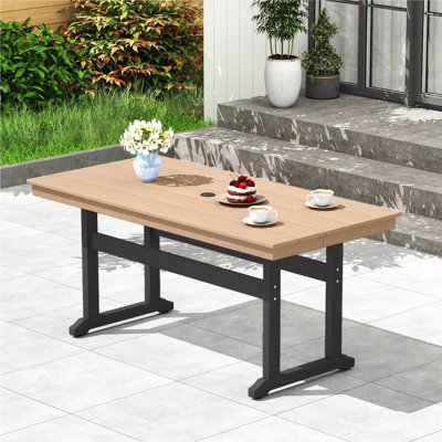 6-Person Use Rectangular Patio Dining Table With Umbrella Hole Outdoor Hdpe Table All-Weather Resistance
