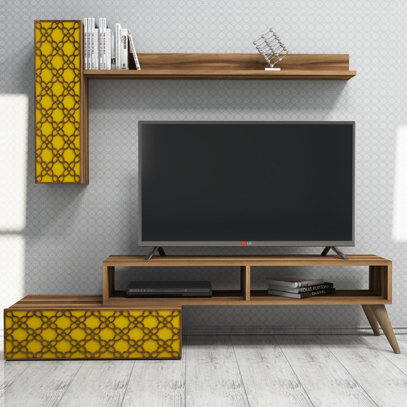 Dpinard Unfinished TV Stand for TVs up to 88", Walnut/Yellow