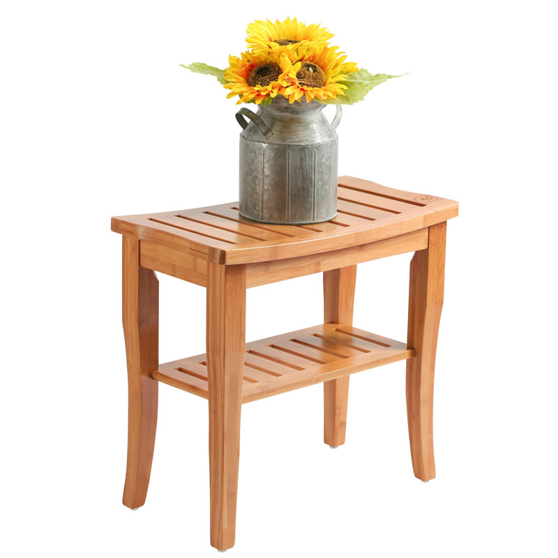 Bambüsi Spa Essentials Bamboo Shower Bench with Shelf – Small Bathroom Stool with Non-Slip Feet, Wooden Seat for Shower or Spa, Indoor/Outdoor Use, 17" x 9" x 17"