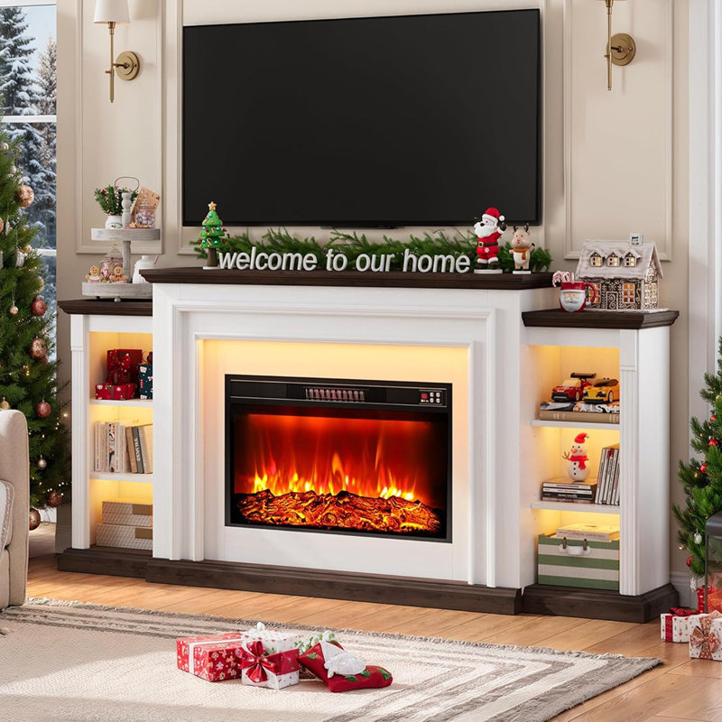 Meuble télé avec foyer moderne et électrique avec flamme réglable, lumières DEL, télécommande et rangement pour le salon
