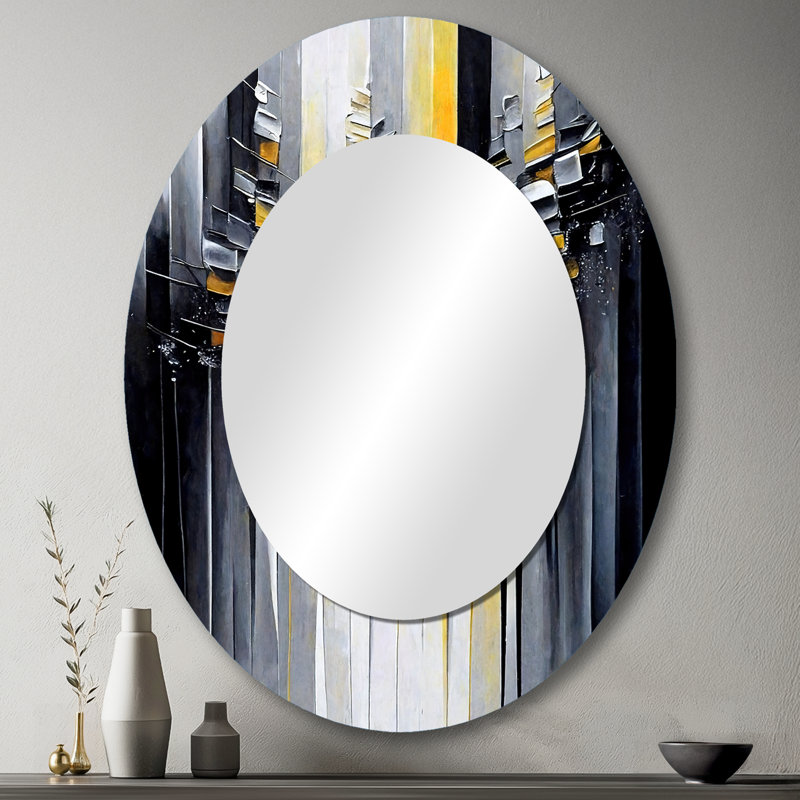 Abstract Geometric Black And Yellow III - Black Modern Oval Wall Mirror, 43" x 33"