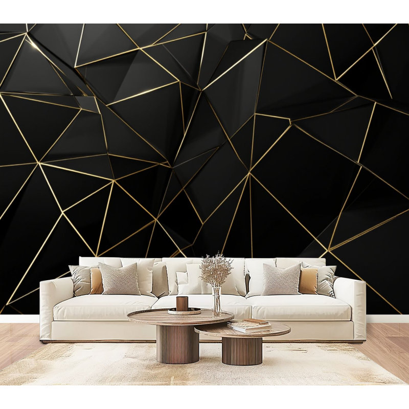 Poissons papier peint adhésif noir et or 3D abstrait angles vifs décorations murales triangulaires dorées H 100 po x l 144 po papier mural amovible en PVC auto-adhésif pour chambre à coucher salon bureau à domicile